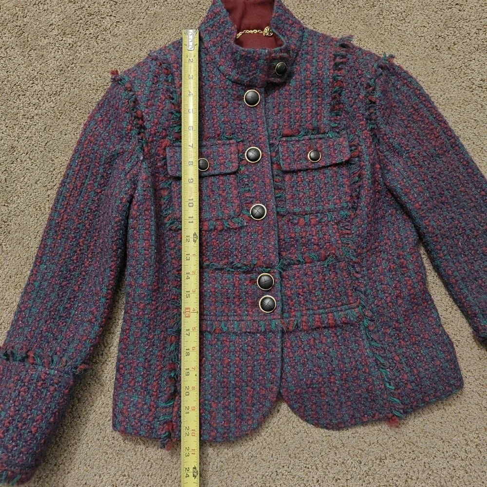 Tory Burch Burgundy Teal Tweed Frayed Trim Military Jacket Size‎ 4 Logo Buttons
